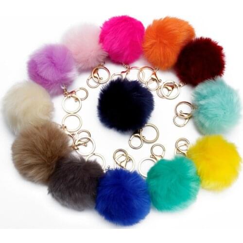 1pc Trinket Pompons Keychains Faux Rabbit Fur Keychain Fluffy Key Chains Trinkets Pom Pom Keychain(Gold Color Chain)