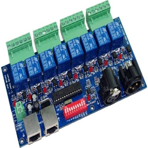 1 pcs dmx512 decoder XLR+RJ45 8CH Relay switch dmx512 RGB led Controller for led strip led lamp lights contrller free shipping