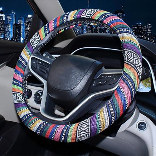 37CM-38CM Ethnic Style Old Coarse Cloth Fax Car Steering Wheel Cover Retro Breathable slip Auto Handle Set Steering Wheel Cover