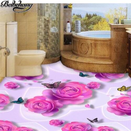 Beibehang Custom floor decoration painting 3D pink roses butterfly aesthetic fashion 3D living room floor painting 3d wallpaper