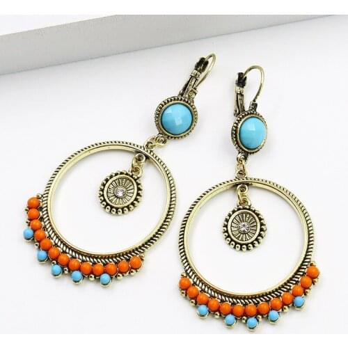 Bohemian Coins Pendant Ear Jewelry Statement Earrings Ethnic Blue Orange Stone Earring Indian Big Round Oorbellen Gypsy Tribal