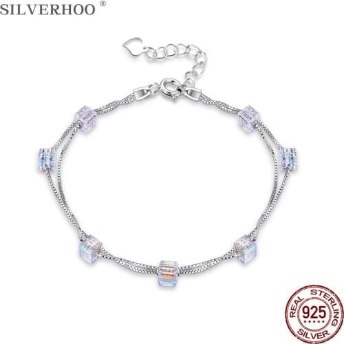 SILVERHOO 925 Sterling Silver Bracelet For Women Geometric Square Austria Crystal Charm Bracelets Fine Jewelry Anniversary Gift