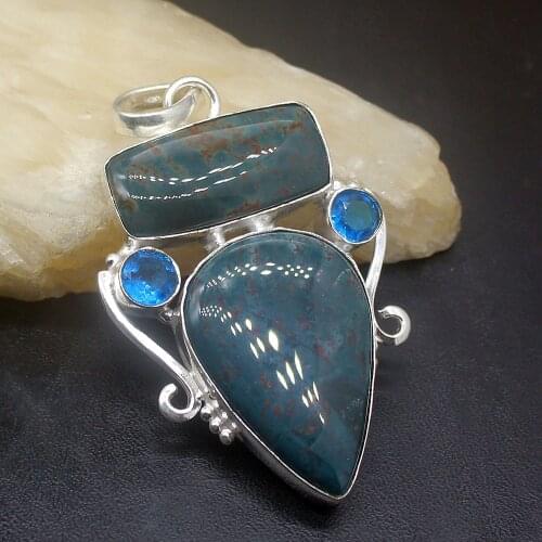 Gemstonefactory Jewelry Big Promotion Single Unique 925 Silver Ocean Jasper Green Ghost Quartz Blue Topaz Women Necklace Pendant