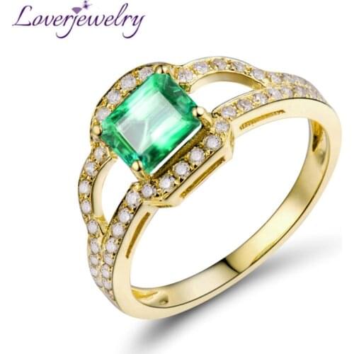 LOVERJEWELRY Amazing Ring Solid 18kt Yellow Gold Natural Diamonds Emerald Cut Emerald Engagement Ring Women Fine Jewelry