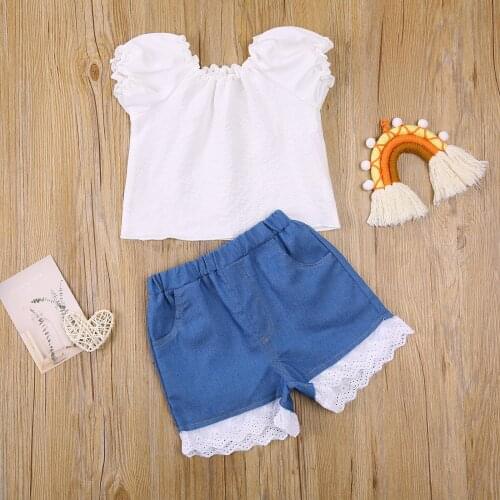 2pcs Children Kid Baby Girls Clothes Sets Cute Cotton Solid Puff Short Sleeve T Shirts Tops+Denim Shorts Outfits Suit 1-6Y