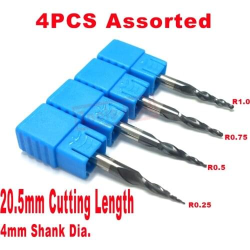 4pcs/lot Tapered Ball Nose End Mill D4*20.5*50L*2F HRC55 solid carbide Coated cone cnc milling cutter engraving grinding bit