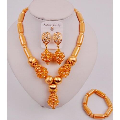 Pretty Champagne Gold AB Crystal Beads African Jewelry Set for Women Nigerian Wedding Necklace Sets ZQ2-1