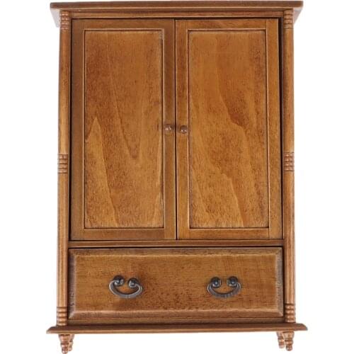 1PC 1:12 DollHouse Miniature Vintage Wooden Cabinet Wardrobe Model Retro Furniture Accessory Doll House Bedroom Decor 12x4x17cm