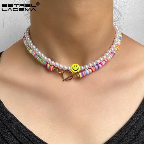 Boho Rainbow Soft Clay Pearl Smiley Face Beads Choker Necklace For Women OT Buckle Handmade Beaded Necklaces Party Jewelry Gifts