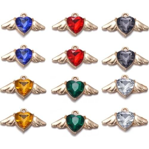 10pcs/Lot Rhinestone Love Heart Wings Charms For Jewelry Making Accessories Charms Bulk Handmade Pendant For Diy Bracelet