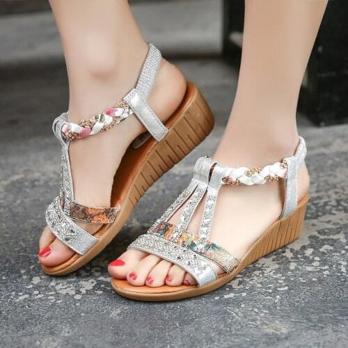 Womens Sandals Summer Bohemia Thick Platform Wedge Shoes Crystal Gladiator Rome Woman Beach Casual Elastic Band Female 2021