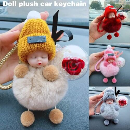 Super Cute Fluffy Doll Keychain Sleeping Baby Car Ornaments Ring Plush Flower Keychain Cute Car Accessories Bag Pendant F-best
