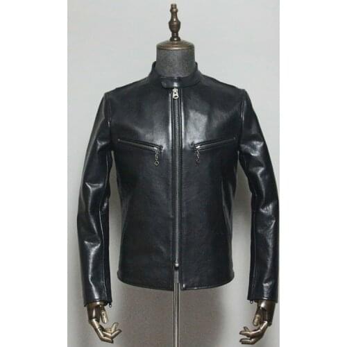 YR!Free shipping.quality tanned cowhide jacket,vintage leather coat,black man genuine leather clothing.slim biker style