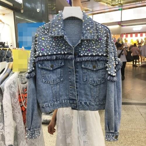 2021 Spring Autumn Korean Retro Heavy Beads Colorful Diamond Frayed Hem Denim Jacket Women StreetWear Bf Long Sleeve Clothes Top