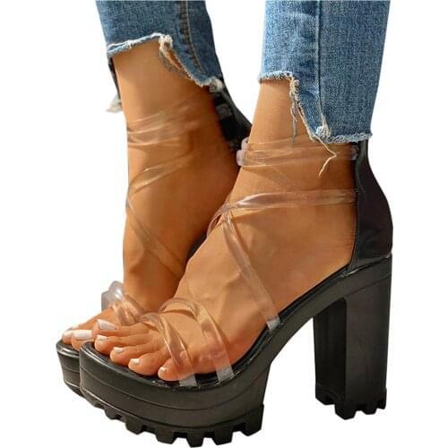 TELOTUNY sandals Womens Chunky Heels Transparent belt Zippered Waterproof Platform High heels Sandals Female Plus Size 2021