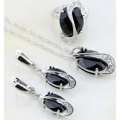 925 Sterling Silver Oval Shaped Black Stones White Zircon Jewelry Sets For Women Wedding Earrings/Ring/Pendant /Necklace