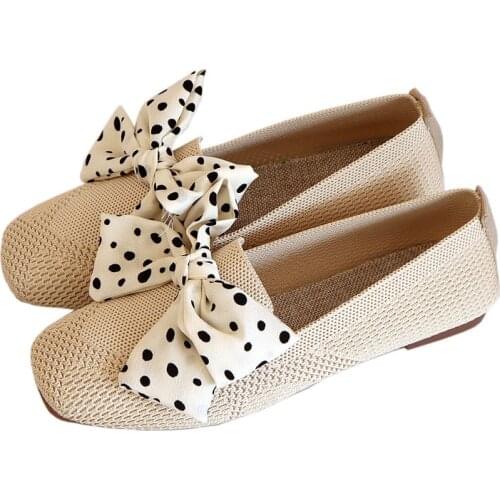 Knitted Single Shoes Womens 2021 Spring and Summer New Womens Flat-bottomed Flying Woven Square Toe Woven Bow Womens Shoes