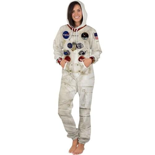 2021 Autumn Winter Women Hooded Jumpsuit Universe Astronaut Digital Printing Long Sleeve Casual Loose Fleece Romper
