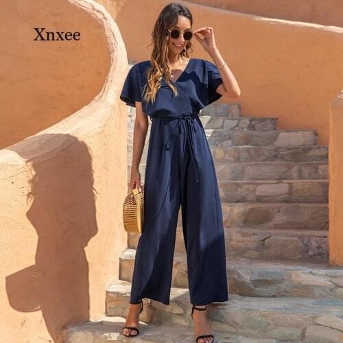 Woman V Neck Jumpsuit Summer Lace Up Wide Leg Rompers French Elegance New Women Casual High Waist Waist Loose Bodycon Outfits