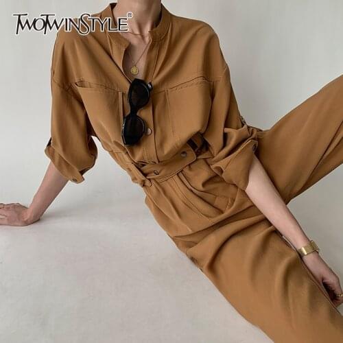 TWOTIWNSTYLE Casual Jumpsuits For Female V Neck Long Sleeve High Waist Slimming Solid Color Womens Jumpsuits Fashion New 2021
