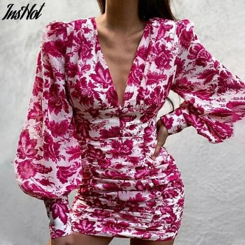Women Sexy Deep V Neck Floral Print Long Lantern Sleeve Ruched Dress 2021 Summer Elegant Female Bodycon Party Dress Vestido