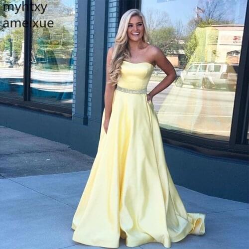 Long Strapless Prom Dresses Yellow Custom Evening Gowns Delicate Beading Floor Length Special Occasion Women Formal Party Dress