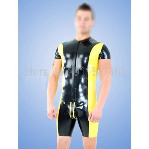 100% Natural Latex Catsuit Black with Yellow Latex Bodysuit Males Fetish Short Sleeve Latex Jumpsuit with Cod Piece