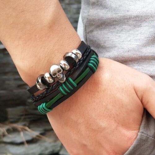 2020New Charm Multilayer Leather Bracelet Skull Geometric Beads Braided Bangle for Men Women Punk Male Jewelry Gifts Valentines