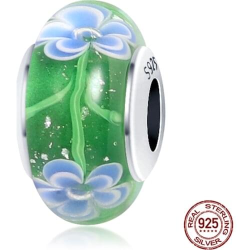 100% Real 925 Sterling Silver Green And Blue Pattern Round Beads Fit Original 3mm Bracelet&Bangle Women Fashion Jewelry Gift