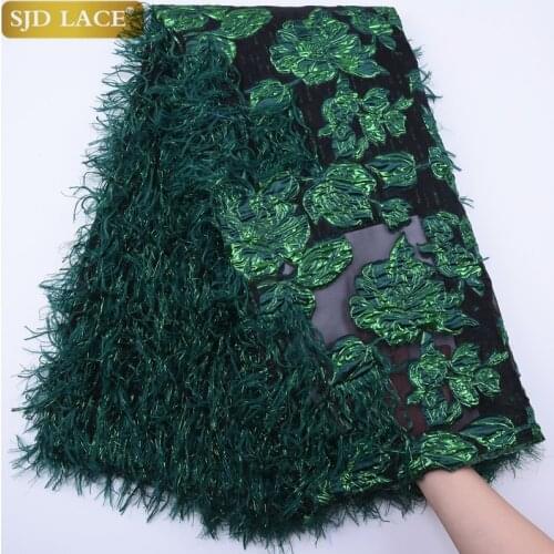 SJD LACE 2020 Latest Green French Tulle Lace Fabric Fluffy Feather African Lace Fabric Floral Embroidery For Wedding Dress A1789