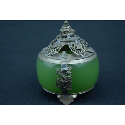 Rare Old Qing Dynasty silver&jade incense burner,green, Dragon,with mark, Free shipping