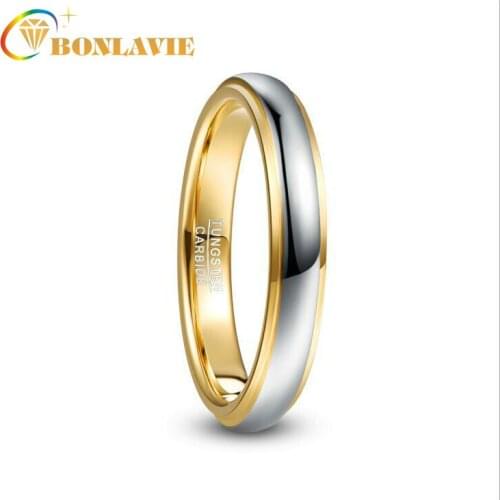 BONLAVIE 4mm Width Domed Polished Step Gold Color Plating Tungsten Steel Mens Ring Wedding Band Tungsten Carbide Ring