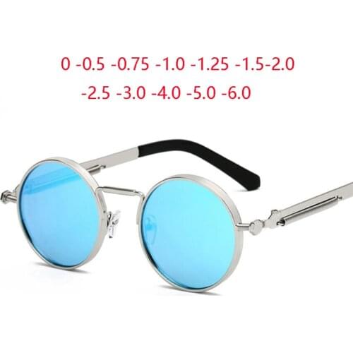 Retro Punk Spring Leg Round Sunglasses Men Polarized Metal Blue Myopia Lens Prescription Sun Glasses Women 0 -0.5 -0.75 To -6.0