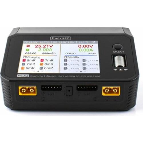 ToolkitRC M6DAC AC 200W DC 700W 15A*2 USB-C 65W QC3.0 Dual Channel Smart Lipo Battery Charger Discharger for 1-6S Lipo Battery