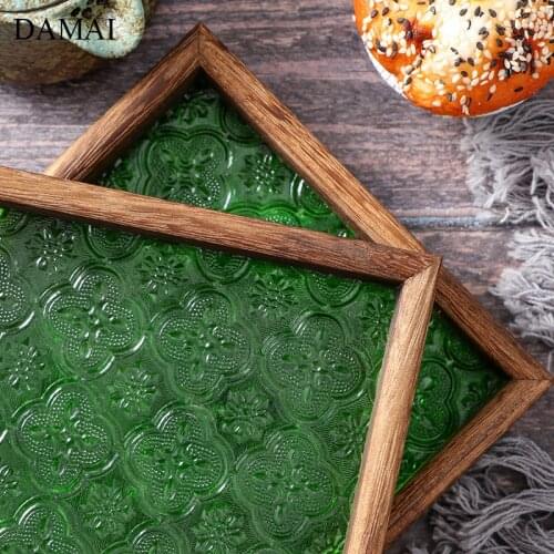 Japanese Vintage Wood Trays Decorative Green Glass Begonia Embossed Craft Cake Dessert Display Tray Home Desktop Tea Organizer