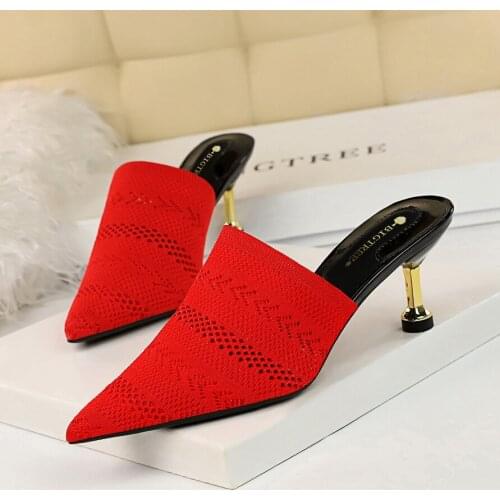 Knit Mesh Breathable High heels Mules slippers women 2020 summer shoes women Pointed Toe Thin Heels Fashion Party ladies shoes