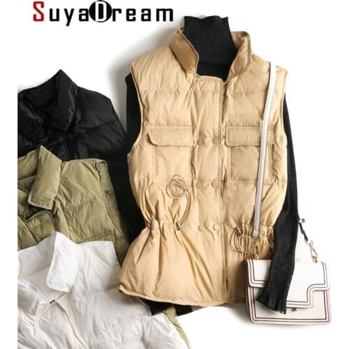 SuyaDream Woman Down Coat Stand Collar 2020 Winter Vests Belted Waist Solid Womens Parka Warm Jackets