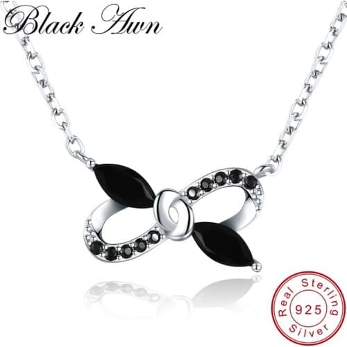 [BLACK AWN] Bow-knot 925 Sterling Silver Necklace for Women Elegant Necklaces Pendants Black Spinel Jewelry Girls Gift K039
