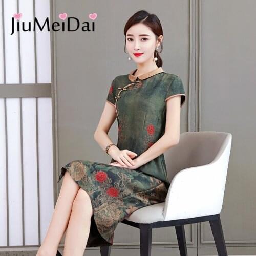 JiuMeiDai 2020 Chinese Style Silk Dress Ladies Elegant Smooth Turn-Down Collar Long Dresses Female Sexy Party Clothing Plus Size