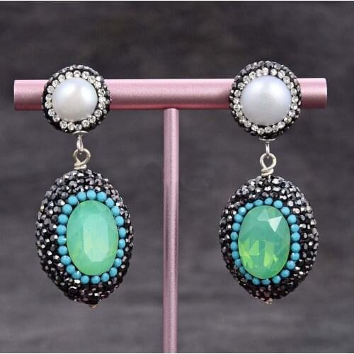 1 pair Jewelry White Pearl Green Crystal Black Macarsite Earrings