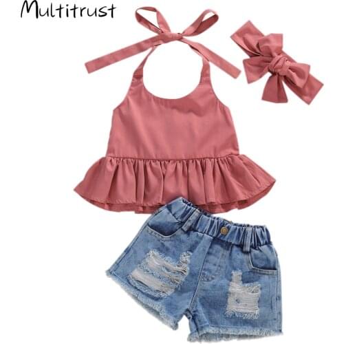 2020 Summer Toddler Baby Girls Lovely Clothes Ruffle Tied Neck Top Short Denim Headband 3pcs 1-6 Years