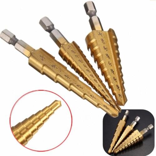 3pcs HSS Step Drills Drill Bit 1/4 Inch Hex Shank 3/16-1/2 1/8-1/2 1/4-3/4 Inch Metal Drilling Power Tools