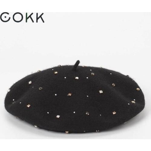 COKK Hand Sewing Wool Beret Women Hat Autumn Winter Rhinestone Beret Cap Hat Female Korean Painter Cap Boina Gorras Vintage New