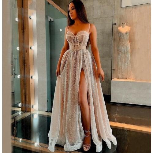 Sparkling Sequin Evening Dresses Long Luxury 2021 A-Line Sweetheart Spaghetti Strap Sexy Split Champagne Prom Gowns Formal Party