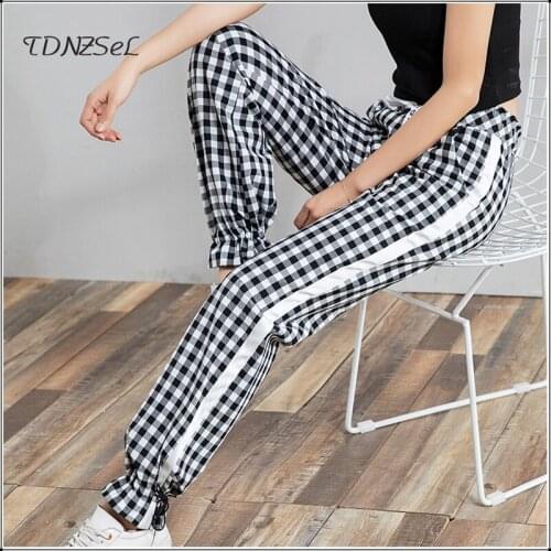 Women Summer Thin Black White Plaid Pants Casual Elastic Tapered Legs Straight Trousers Drawstring Mid Waist Harajuku Long Pant