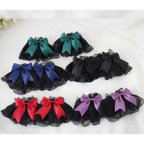 Black Gothic Lolita Hand Wrist Cuffs Bowknot LaceTrim Maid Cosplay Accessories For Women Girl Party B1786