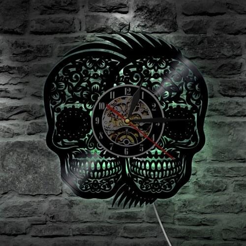 Day of the Dead Skulls Head LED Lighting Color Changing Wall Light With Remote Controller Modern Backlight Vinyl Wall Clock