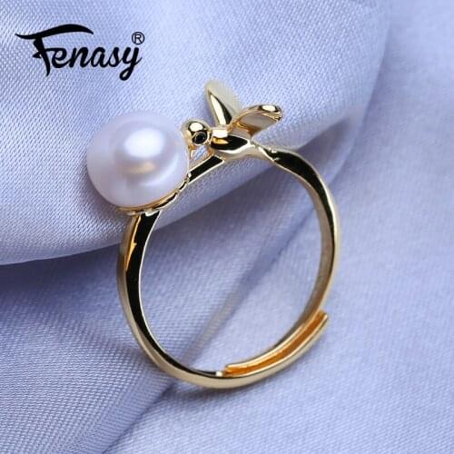 FENASY Natural Freshwater Pearl Rings For Women Bohemian Adjustable Gold Color Emerald Ring Female Party Wedding Jewelry