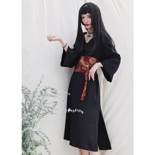 Chinese Dress Black Hanfu Retro Japanese Style Kimono Dress Cosplay Print Girdle Women Dress Longuette Skirt China Clothing