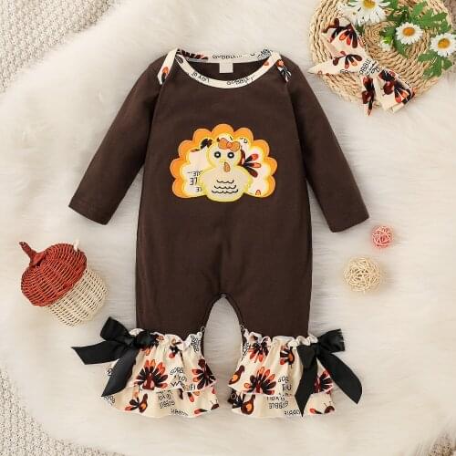 PatPat Baby 2pcs Thanksgiving Turkey Embroidered Long-sleeve Splicing Jumpsuit Set